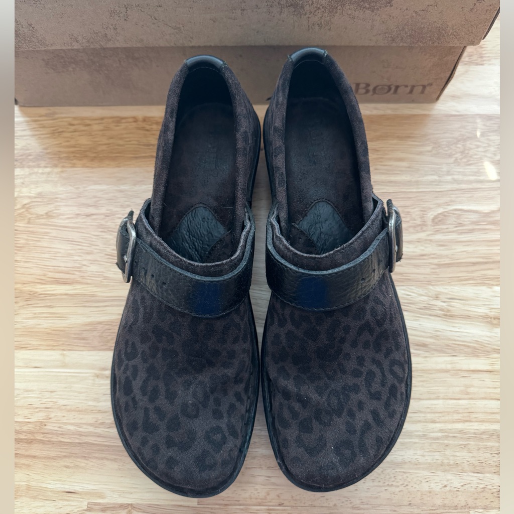 Born Glendell Black Leopard Print Shoe. Size 8. Clog Style.